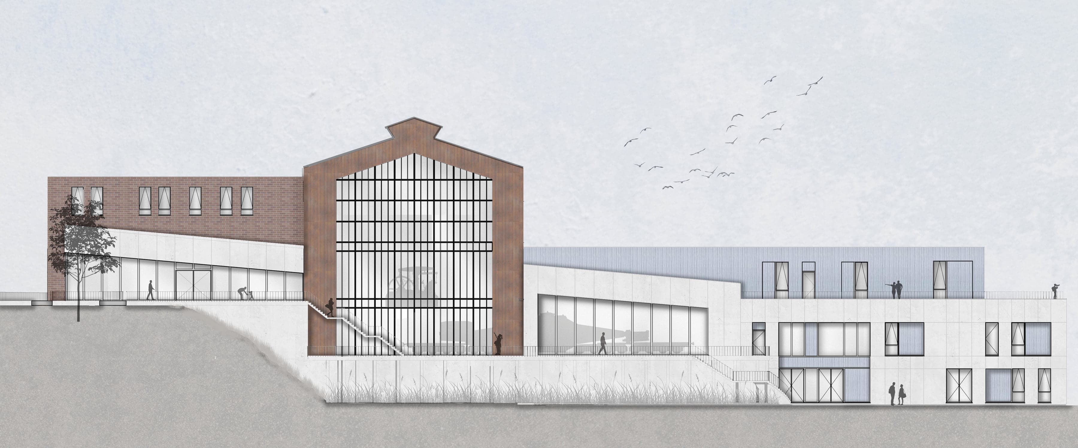 Façade est : l’extension blanche de l’école, la halle en brique et sa verrière, la rotonde