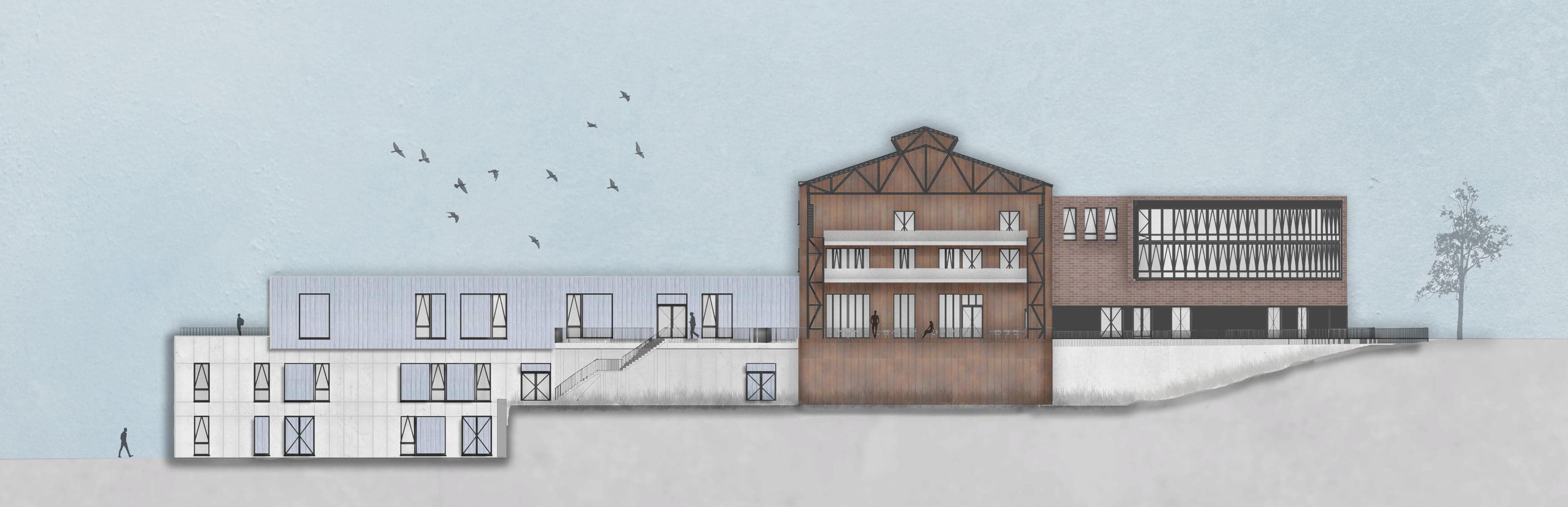 Façade ouest : l’école, la halle à structure métallique apparente et le volume en brique