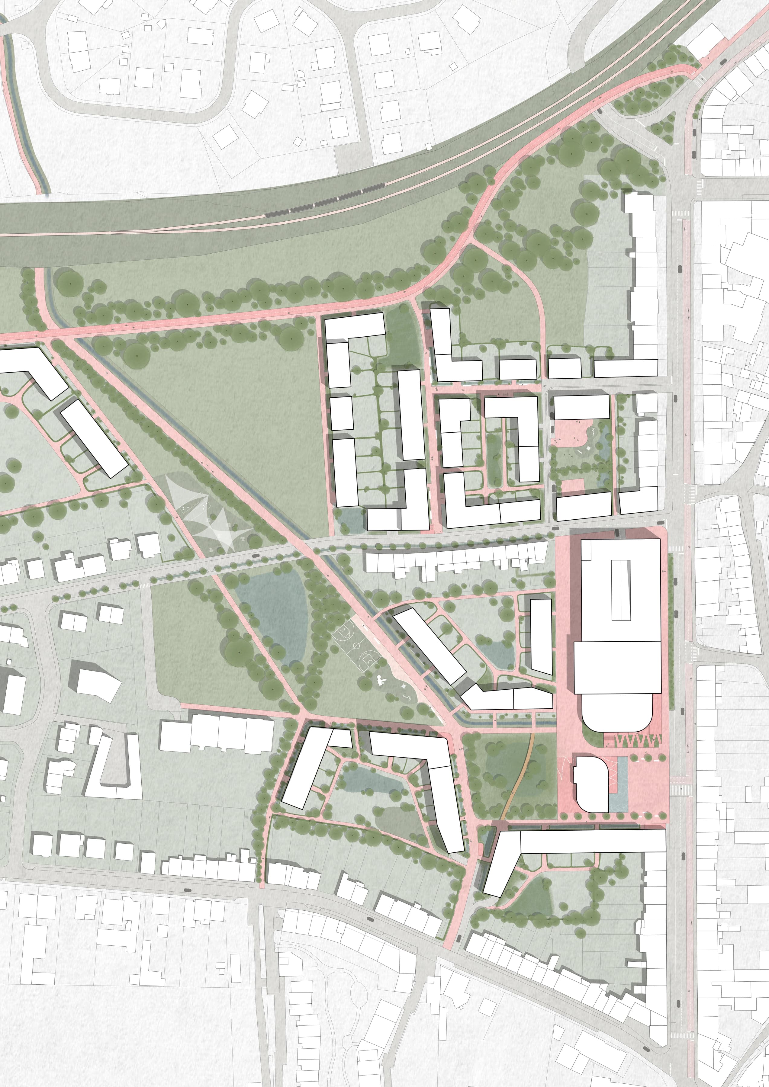 Plan de masse du projet Interface : trois quartiers de logements organisés autour du parc inondable et de la place publique