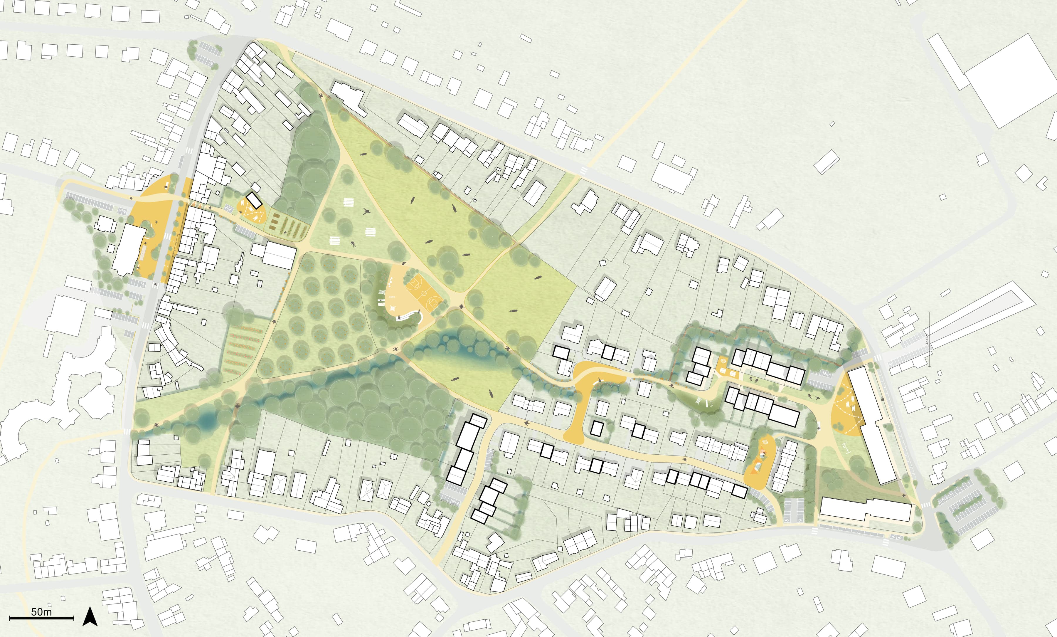 Plan masse de l’îlot de Boncelles : axe piéton jaune reliant la place de l’église aux tours, trame verte et bleue et nouveaux logements