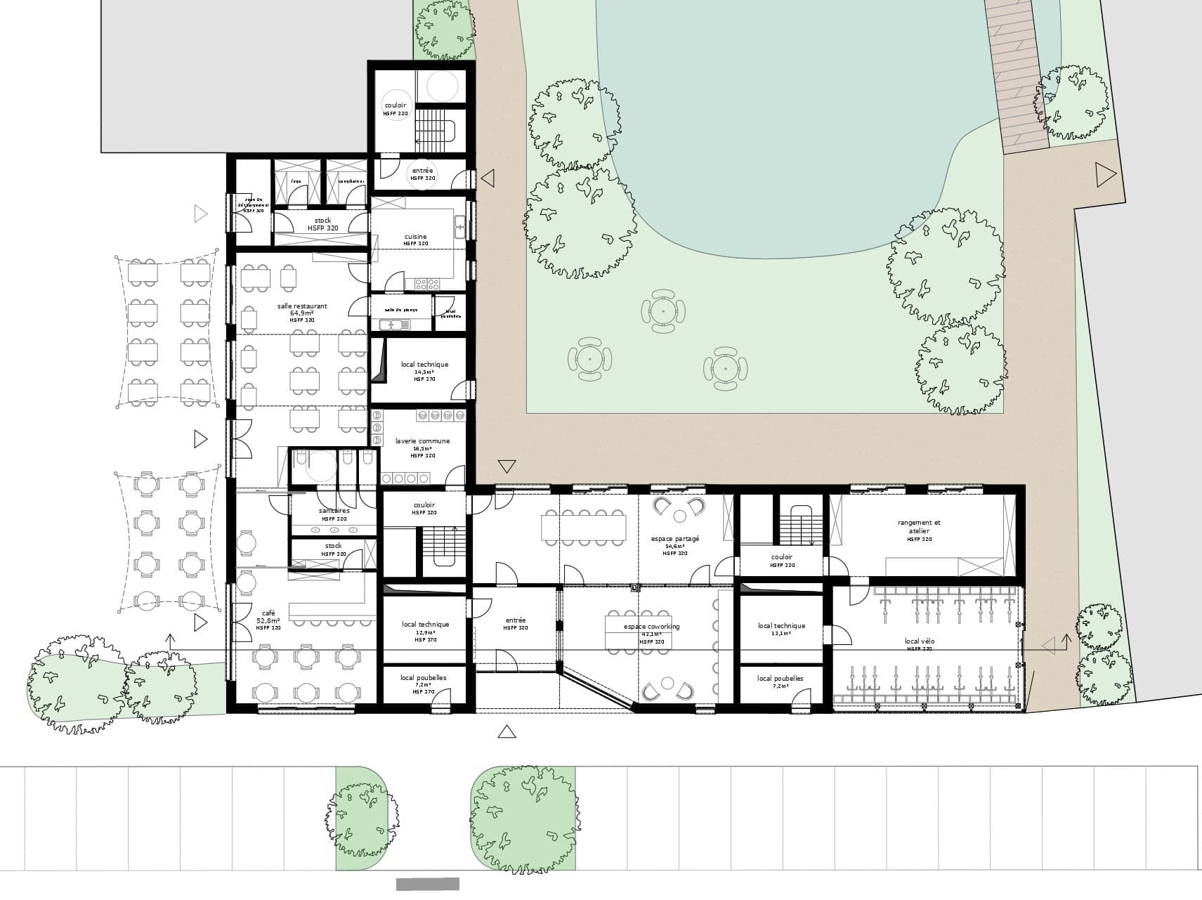 Plan du rez-de-chaussée : restaurant, café, coworking, espace partagé, local vélo et atelier