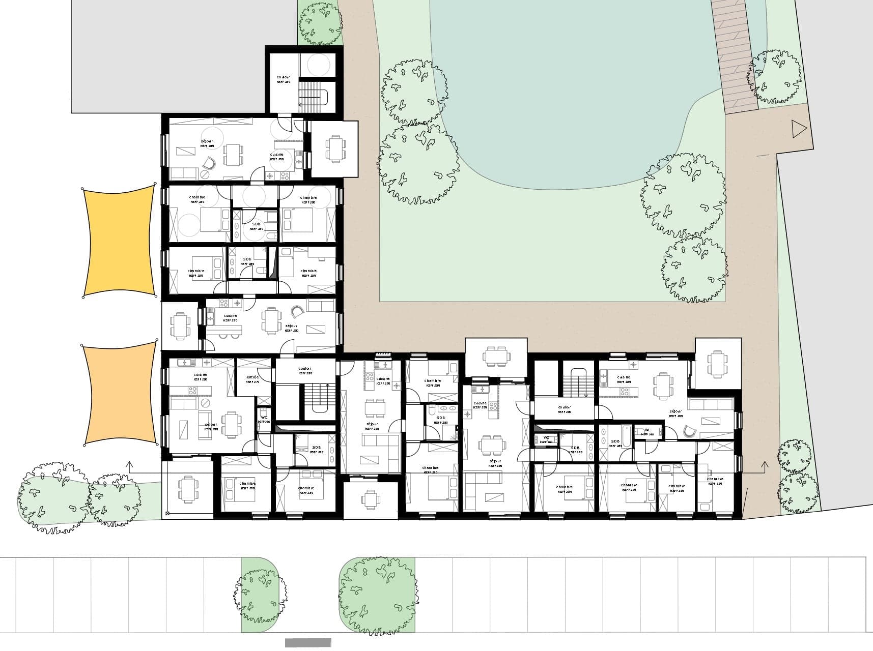 Plan du R+1 : appartements traversants avec terrasses donnant sur l’intérieur d’îlot