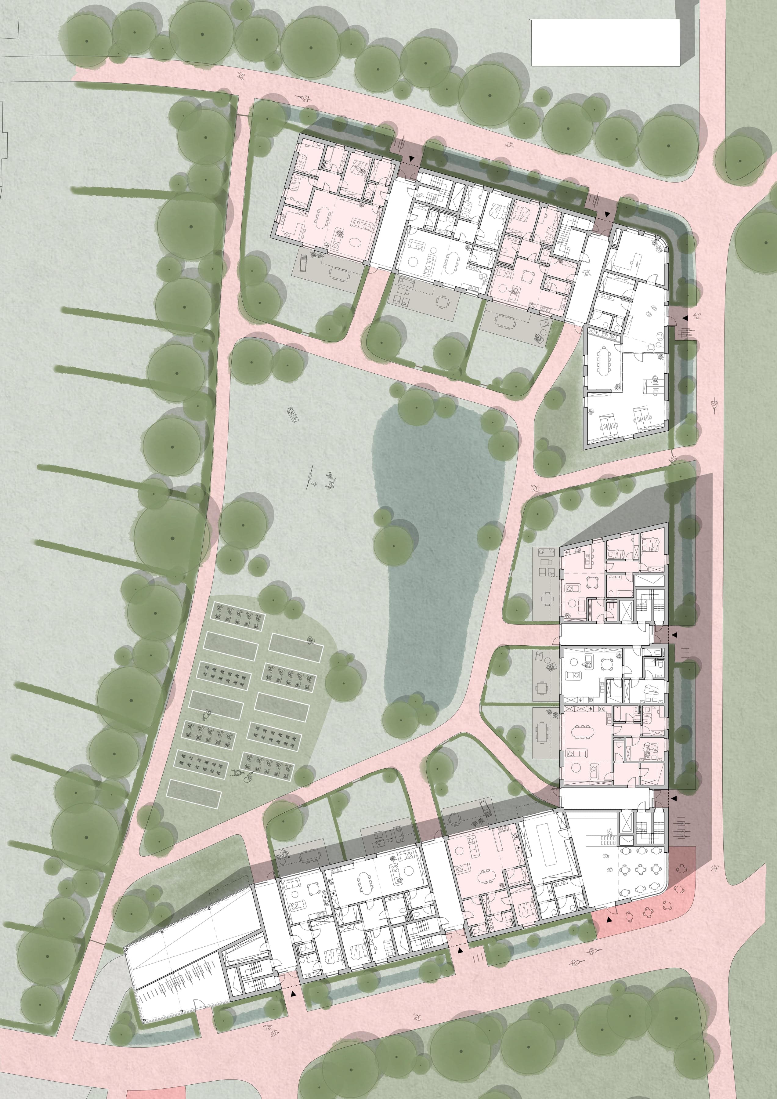 Plans de l’ensemble d’appartements disposés en U autour d’un bassin et de potagers