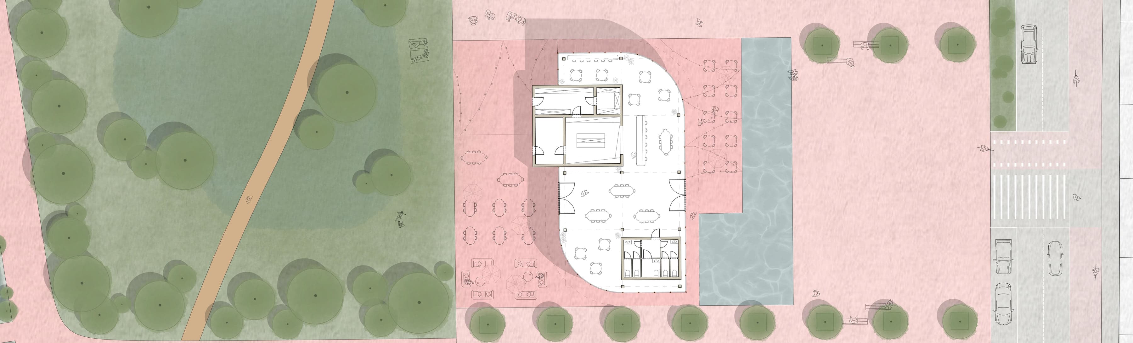 Plan du pavillon-restaurant aux formes arrondies, entre le parc et la place, avec ses deux terrasses et un bassin