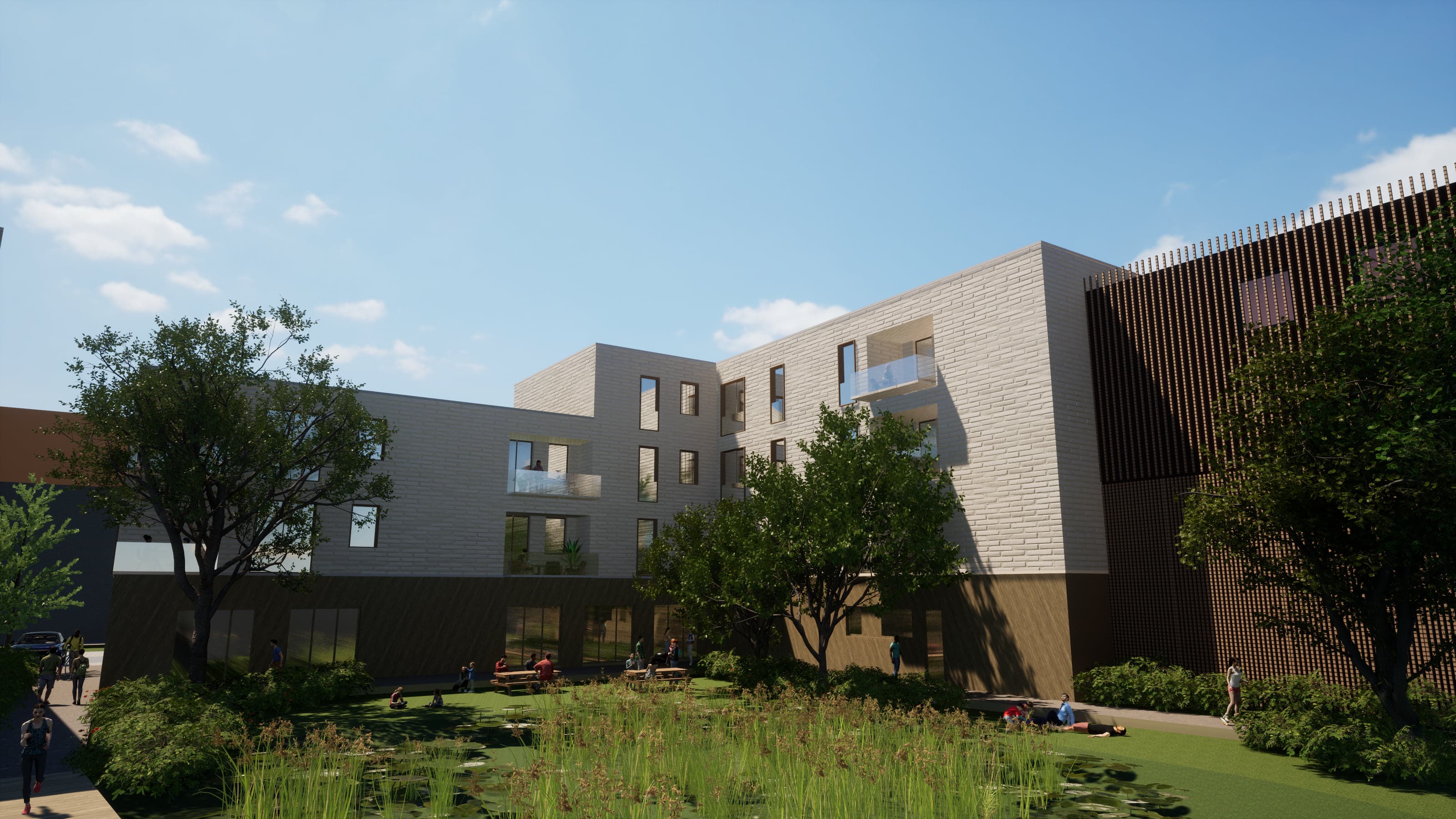 Vue 3D de l’intérieur d’îlot : jardin humide planté, noues et façades des logements