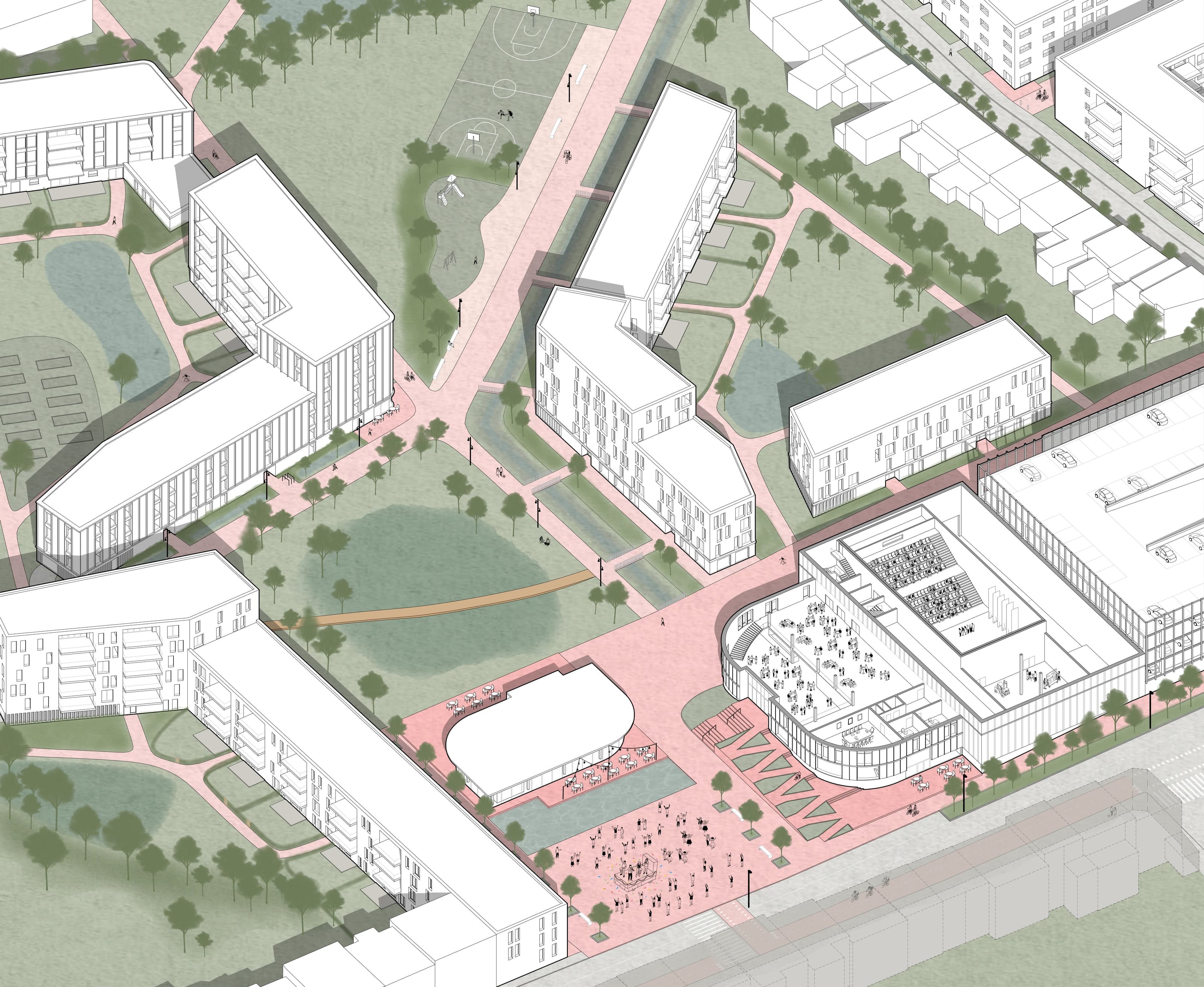 Axonométrie du projet Interface à Eupen : place publique, pavillon, pôle culturel et logements autour d’un parc inondable