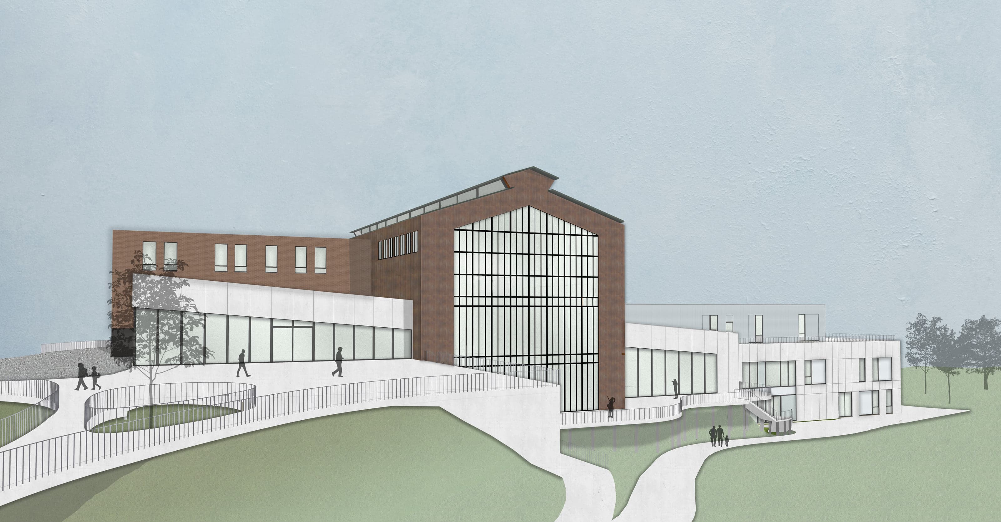 Vue 3D du projet Trait d’Union : la halle en brique réhabilitée et sa grande verrière, prolongées par une extension contemporaine blanche