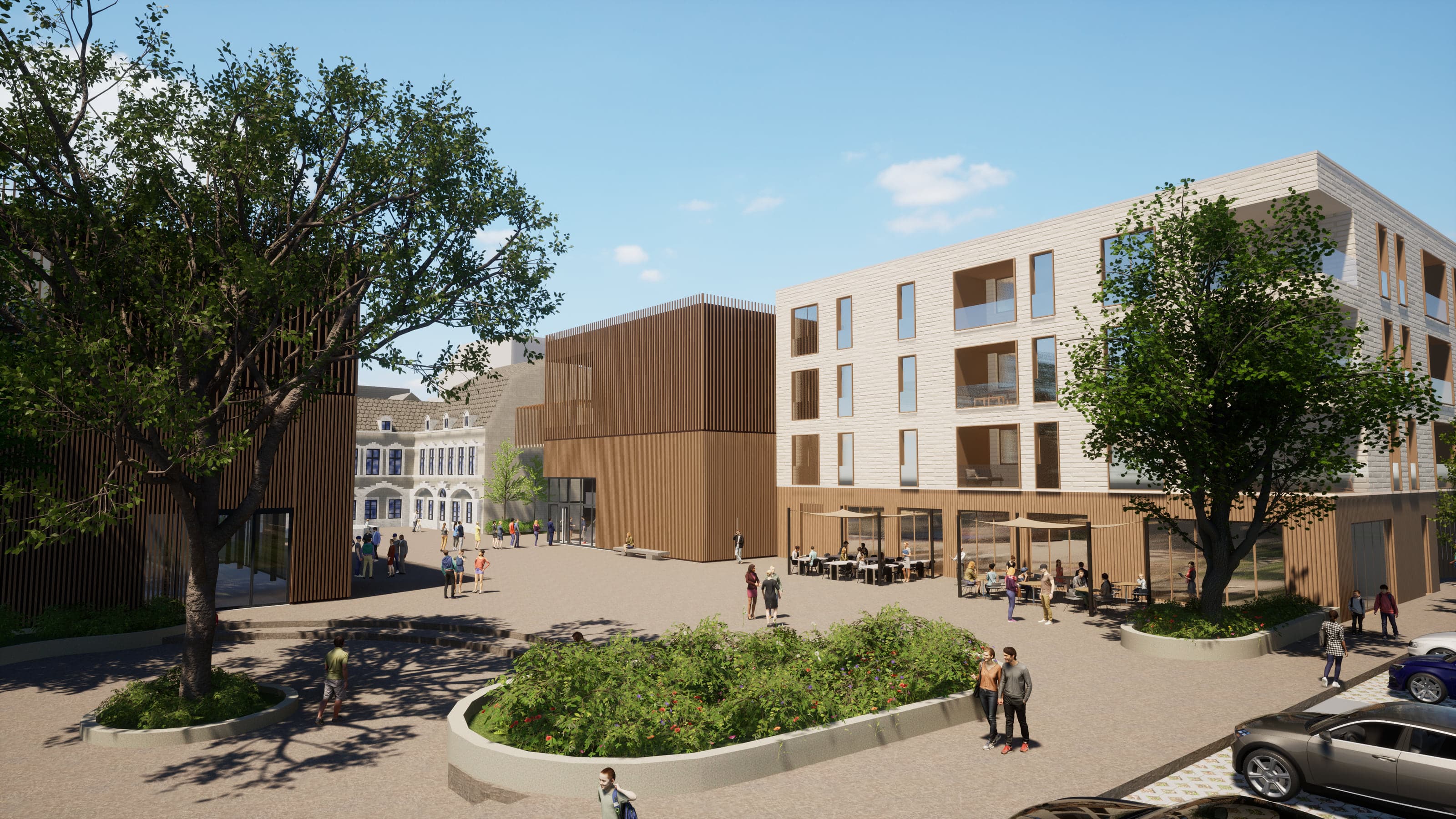 Vue 3D de la nouvelle place publique des Récollets bordée par le bâtiment de logements aux terrasses de restaurant et de café
